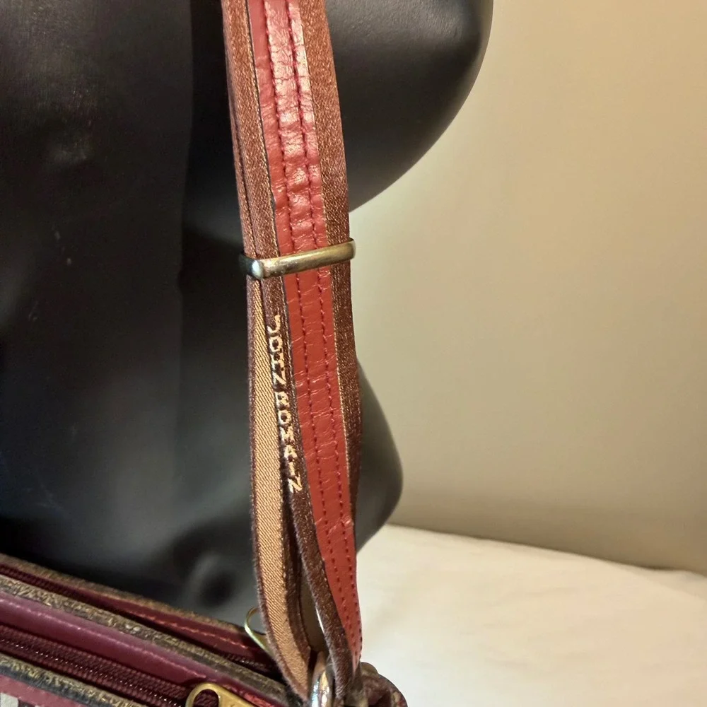 Vintage John Romain Striped Crossbody Bag Brown Burgundy Leather Trim Lion Crest